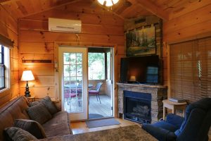 Mtn River Log Cabin - Living Room with fireplace