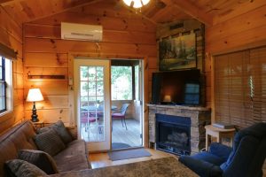 Mtn River Log Cabin - Living Room with fireplace